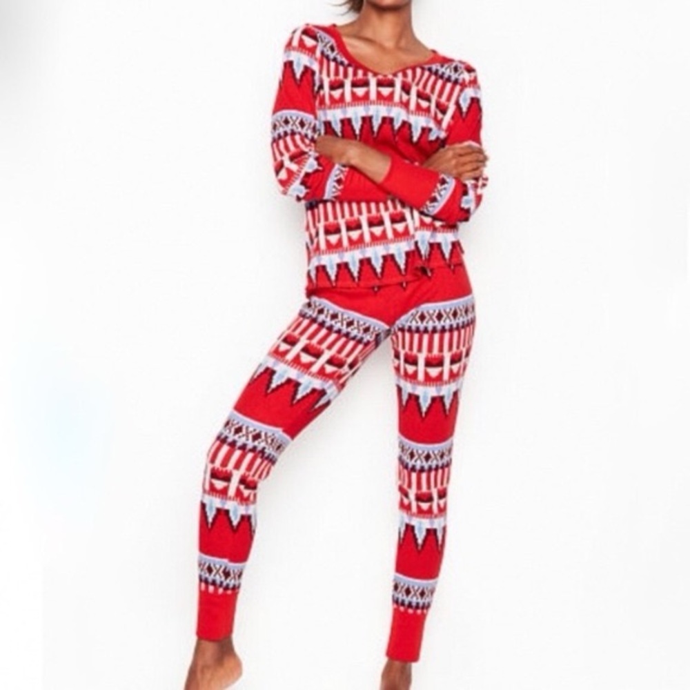 Victoria’s Secret Red Fair Isle Knit Pajama Set Top & Leggings Small